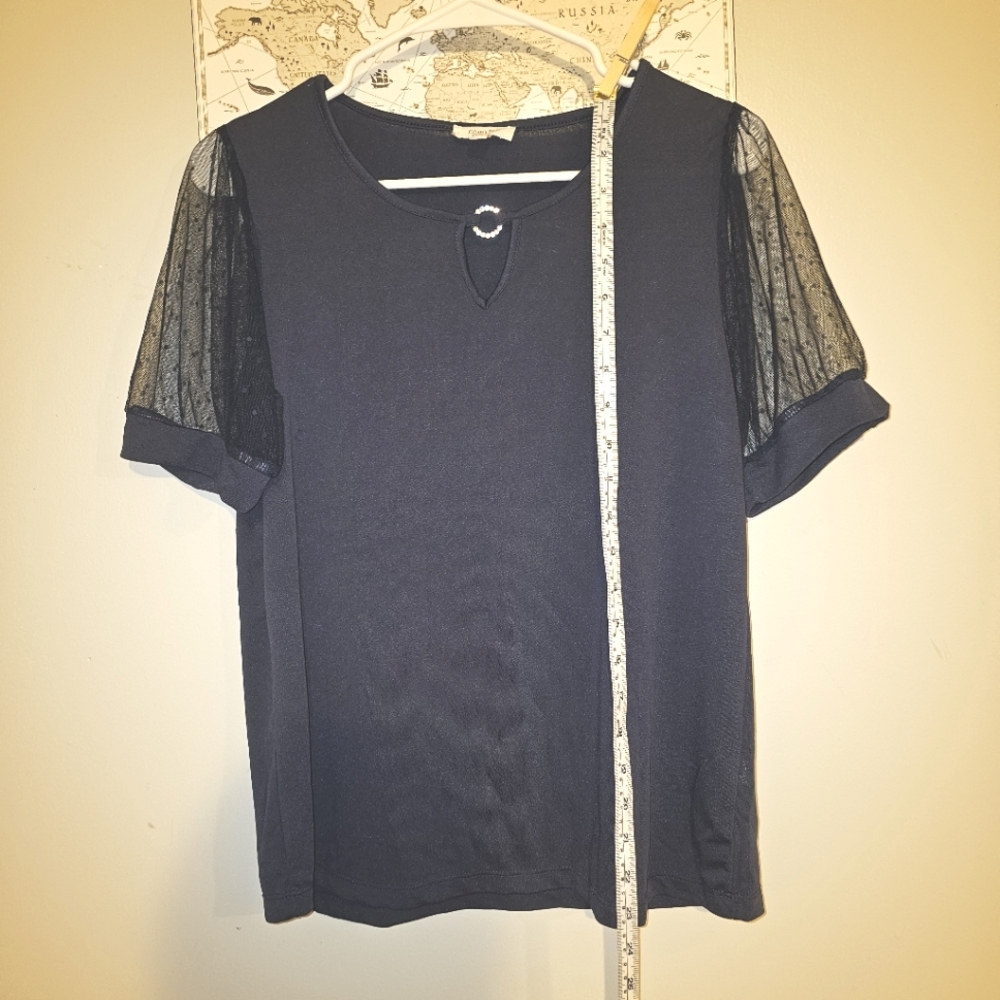 Navy Blue Mesh Polka Dot Sleeves Top